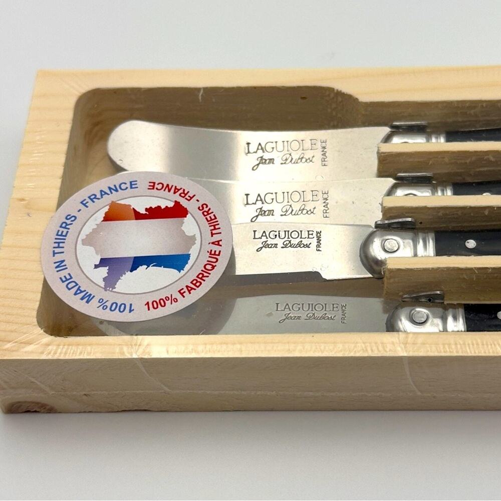 New - Laguiole Four Cheese & Appetizers Knives Black Handles Wooden Case Sealed - Picture 2 of 4